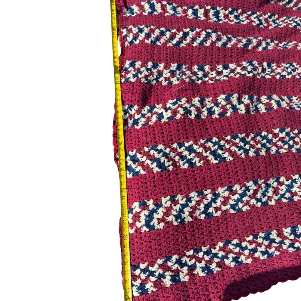 Vintage Handmade‎ Crochet Afghan Blanket Red White Blue 56” Square Throw